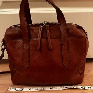 Fossil Sydney satchel, brown leather, double handles, adjustable crossbody strap